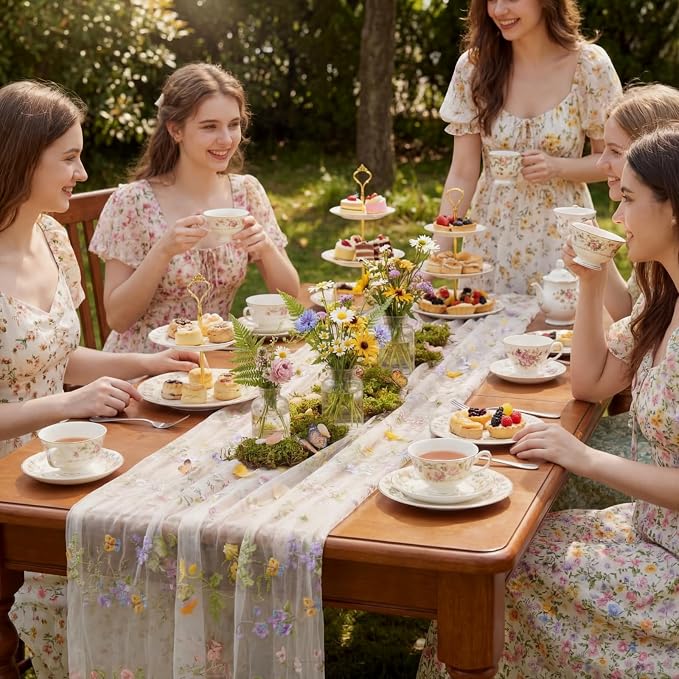 Ivory White Floral Table Runner 10ft Embroidery Tulle Spring Wildflower Table - Image 6