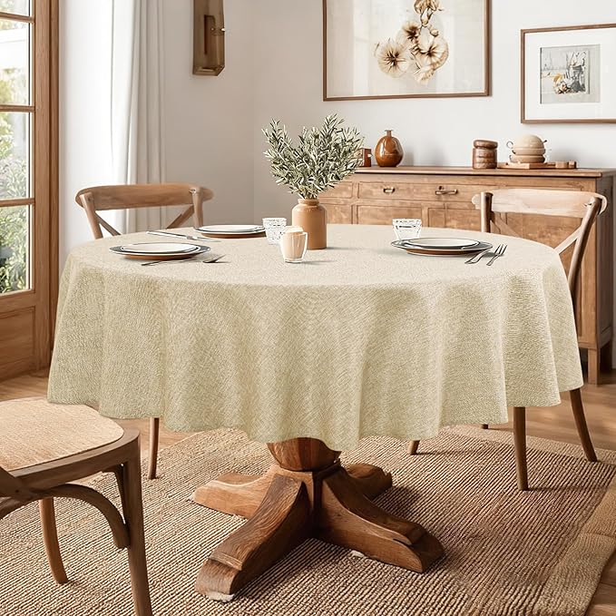 JIUZHEN Faux Linen Round Tablecloths 102 inch, Decorative Wrinkle Free Texture Rustic Circle Table Cloth Cover for Kitchen, Dining, Party, Wedding, Outdoor Use (102 Inch Round,Beige)