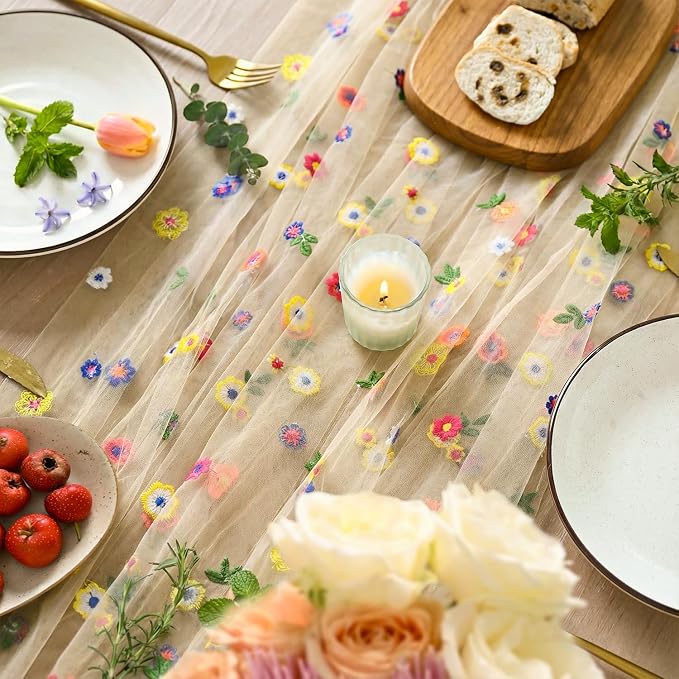 Artoid Mode Beige Apricot Floral Gauze Embroidery Table Runner 120Inch 10FT | - Image 3