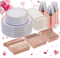 Goodluck 350 Piece Rose Gold Dinnerware Set for 50 Guests - Disposable Plastic Plates, Paper Napkins, Cups, Silverware for Party
