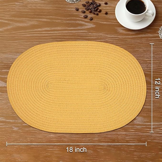 Noctiflorous Oval Braided Placemats Set of 6 Woven 12x18 Inch Non Slip Washable Heat Resistant Place Mats Round Tablemats for Dining Kitchen Party Daily Table Decor Dinner Mats (Solid Yellow, 6)