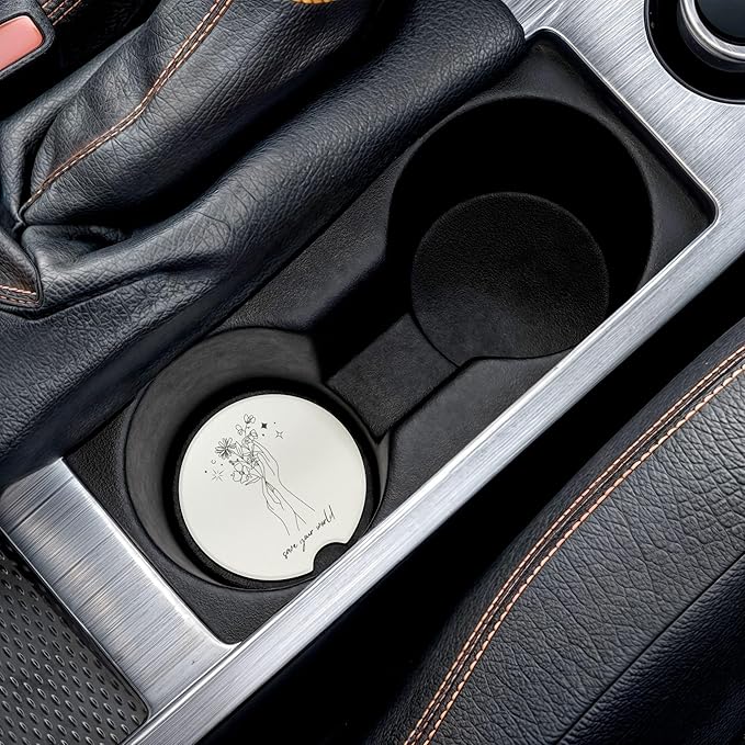 Absorbent Soapstone Car Coaster, Save Your World, Minimalist Black and White Floral Design, Ceramic Coaster