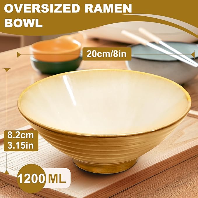 8-Inch 2 Sets Ceramic Ramen Bowl (8 Piece) - Japanese Porcelain Dishwasher Microwave Safe Salad Noodles Cereal Pasta Soup Large Bowls with Chopsticks Forks Spoons for Men Women Housewarming Gift