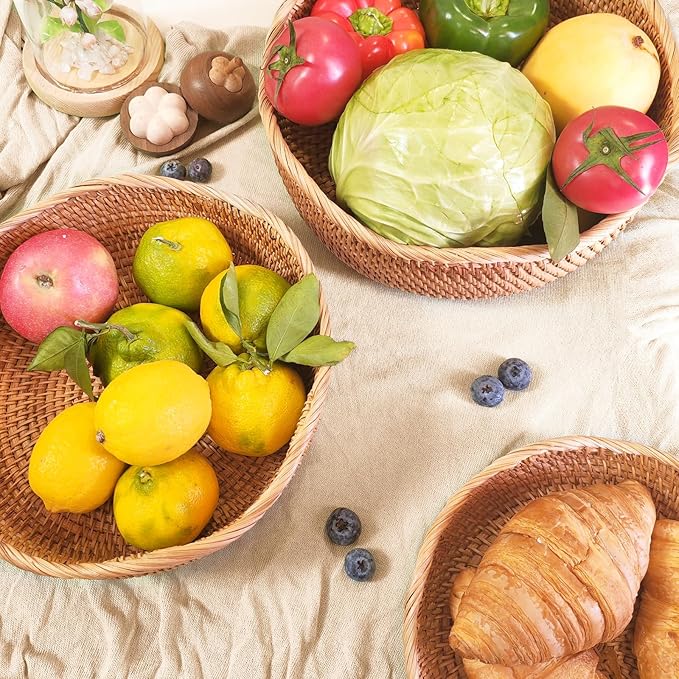 8.7" Wave Small Wicker Basket, Artisanal Key Bowl for Entryway Table, Decorative Bowl for Kitchen Counter, Bedside, Living Room, Natural Woven Fruit Bowl, Purse Bowl, Rattan Bread Basket