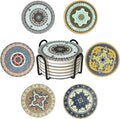 Coasters Absorbent Ceramic Coaster Drink Coasters with Cork Back Persian Pattern Set of 6 Round Coaster Non Slip for Coffee Table Wine Glass Home Bar 4 Inch, Colorful