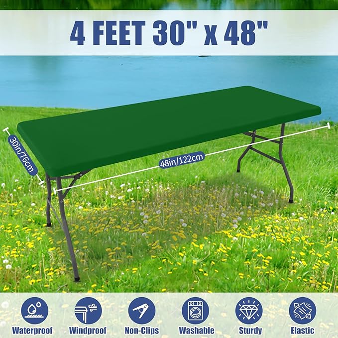 Spandex 4 Foot Rectangle Table Cloth 2 Pack, Elastic Fitted Tablecloths for Picnic, Stretch Washable Patio Table Cover for Outdoor, Camping, Banquet and Parties (Emerald Green, 30"x48")