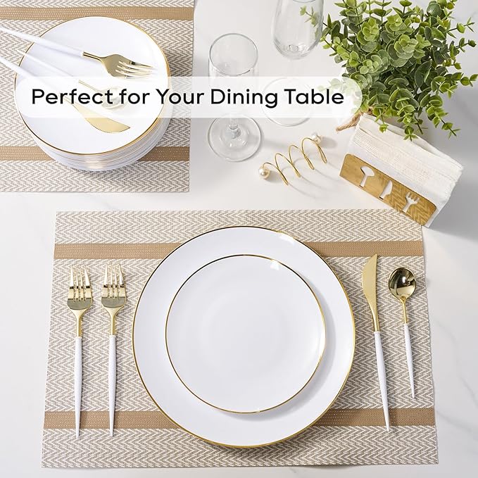 FOCUSLINE 100 Count Gold Plastic Plates 7 Inch, Disposable Heavy Duty Salad Dessert Plates, Premium Hard Plastic Plate Disposable with Gold Rim for Wedding Parties