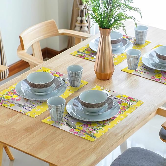 Floral Bunny Placemats - Happy Easter Place Mats Set of 4 Spring Rabbit Daisy Tulip Flowers Tablemats 12x18 for Party Kitchen Farmhouse Yellow