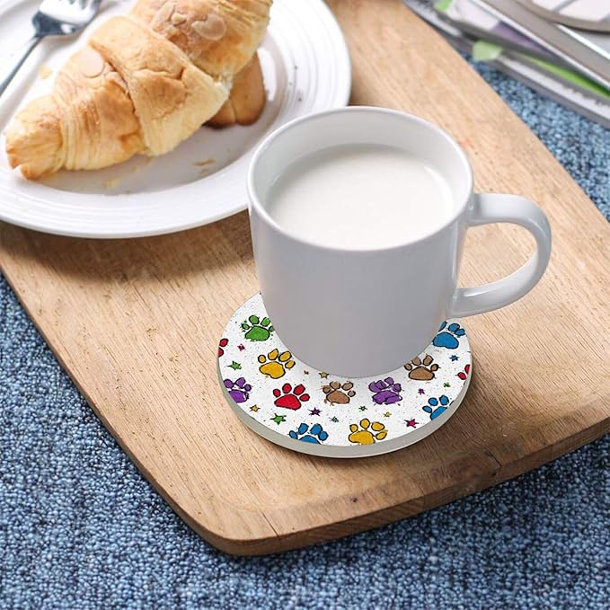 Coasters for Drinks Coaster Drink Set Decorative Coffee Table Desk Cup Mat Spring Cute Cork Bar Backing Round Home Decor Cute Colorful Paw Prints and Stars37