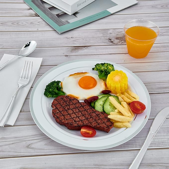 Vplus 100 Piece 10 Inch Silver Plastic Plates Disposable, Heavy Duty White Elegant Durable Dinner Plastic Party Plates with Silver Rim Perfect for Party Christmas