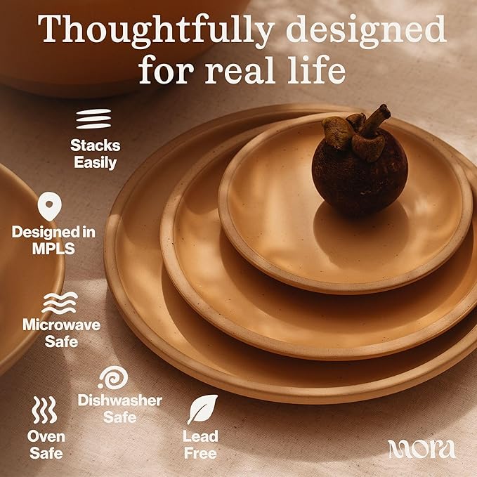 MORA Medium Plates Set of 4, 8.5 inch Ceramic Pottery Salad Plates - Microwave, Oven and Dishwasher Safe - Thyme