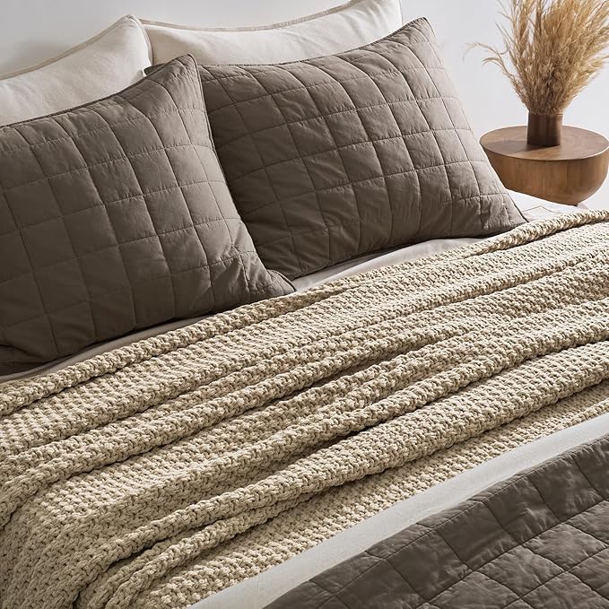 EVERGRACEHOME Chunky Chenille Knit Throw Blanket for Couch, Soft Luxurious Oversized Queen Moss Stitch Blanket for Bed, Large Cozy Farmhouse Knitted Throw for Sofa, Sand Dune, 90" x 90"