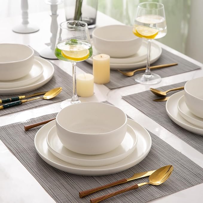 AmorArc Ceramic Dinnerware Sets, Wavy Rim Stoneware Plates and Bowls Sets,Dishwasher & Microwave & Oven Safe Dishes set, Service for 6 (18pc)-Matte Speckled White