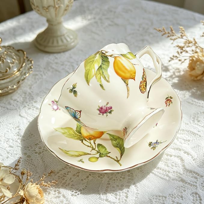 Tea Cups and Saucers Set, Porcelain Coffee Mugs, 8.4 OZ Vintage Coffee Cups - Image 5