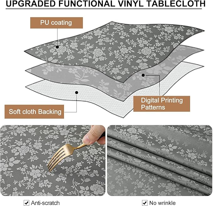 Smiry Round Table Cloth, Waterproof Heavy Duty Vinyl Tablecloths, Wipeable Washable Table Cover for Kitchen and Dining Room (Grey, 60" Round)