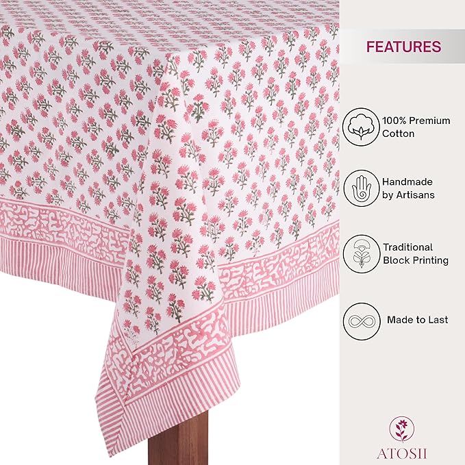 ATOSII Gulbahar White Pink 100% Cotton Fall Rectangle Tablecloth, Hand Block Print Washable Table Cover, Christmas Parties Buffet Dining, Weddings, Thanksgiving, Easter Decor 72 X 140 Inches 12 Seater