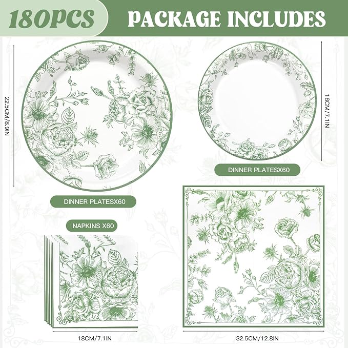 Sage Green Floral Plates and Napkins Party Supplies, Serve 60 Guests | 180pcs - Image 2