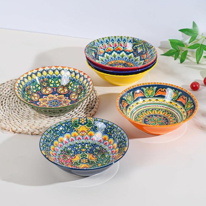 Henten Home Bohemian Ceramic 30 oz Ramen Bowl Set of 6 | Colorful design - Image 4
