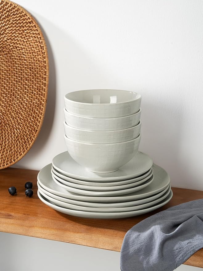 Famiware Moonlight Plates and Bowls Sets, 24 Pieces Stoneware Dinnerware Sets with Linen Finish, Dishware set for 8, Microwave and Dishwasher Safe, Chip and Scratch Resistant, White