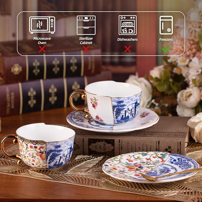KAMMAK Tea Cups and Saucers Set of 2, Fine Bone China Coffee Cups, 582N | - Image 3