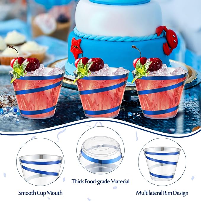 Gejoy 9 oz Rimmed Swirl Plastic Cups Disposable Wine Drinking Cups Clear Elegant Halloween Tumblers for Christmas Party Supplies(Blue,50 Pcs)