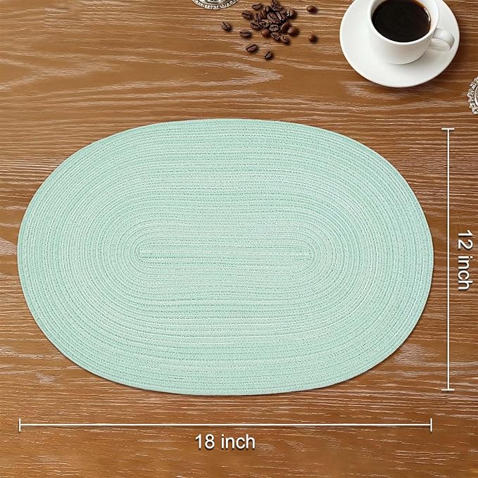 Noctiflorous Oval Braided Placemats Set of 8 Woven 12x18 Inch Non Slip Washable Heat Resistant Place Mats Round Tablemats for Dining Kitchen Party Daily Table Decor Dinner Mats (Mint Green, 8)
