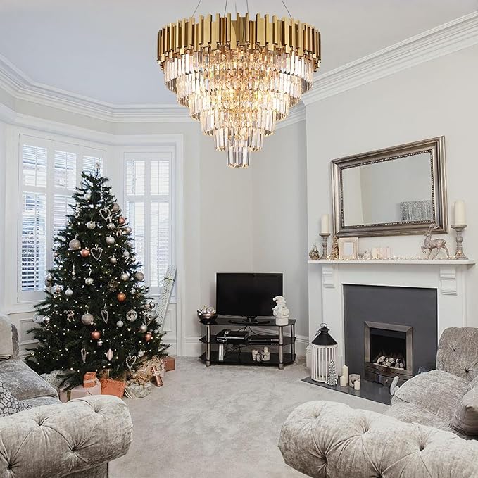 Modern Crystal Chandelier for Living Dining Room Entryway Gold Round W31.5