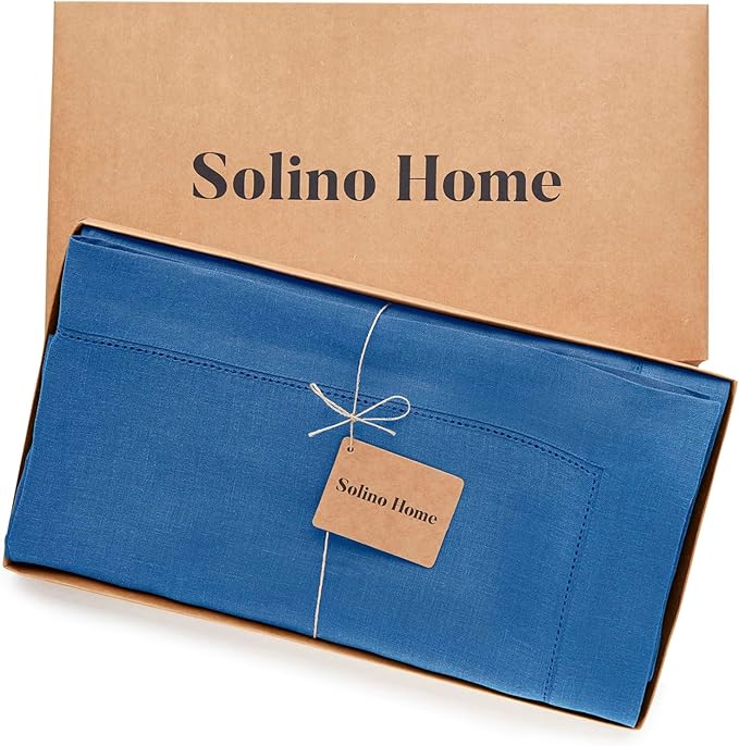 Solino Home Linen Indigo Blue Tablecloth 60 x 90 Inch - Classic Hemstitch, 100% Pure Linen Rectangular Tablecloth - Machine Washable Table Cloth for Winter, Spring, Easter