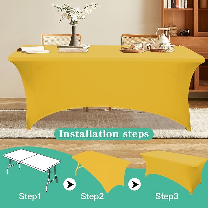 8FT Table Cloth for Rectangular Fitted Events Stretch Yellow Table Covers Washable Spandex Tablecloth Protector for Party, Wedding, Cocktail, Banquet, Festival