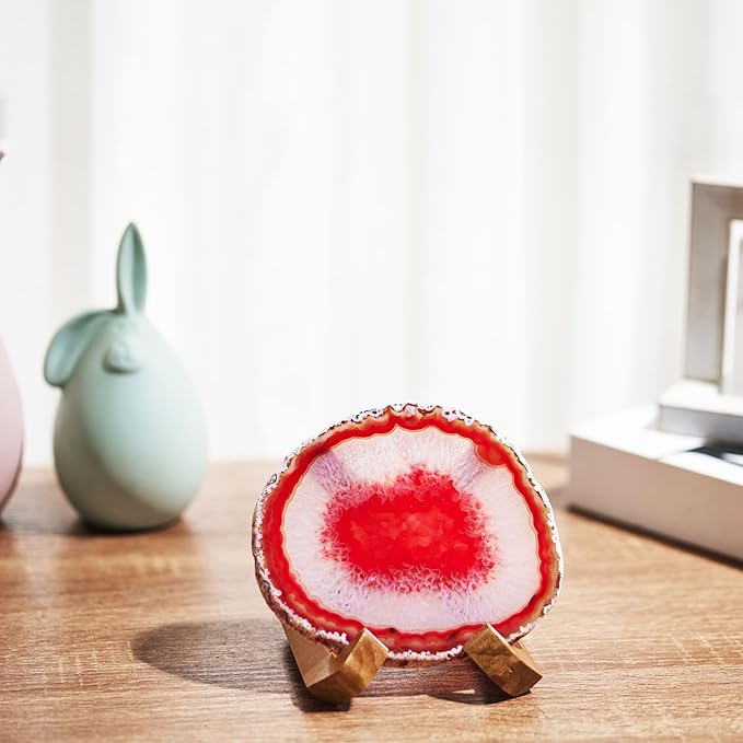 Luxury Lane Large Natural Brazilian Agate Slice Geode Rock Stone Drink Coaster with Wood Holder 4.7-5.5 inch Centerpiece Table Decoration, Red