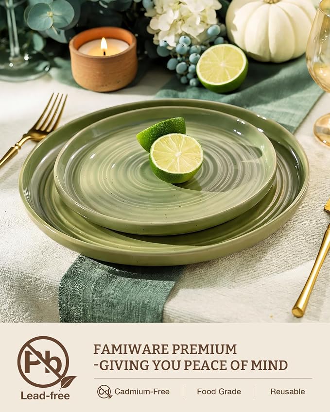 Dinnerware Sets for 6, Ceramic Plates & Bowls, Olive Green | 18-Piece Ceramic - Image 2