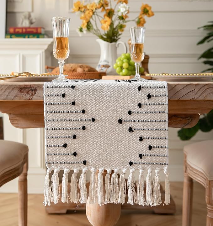 Boho Table Runner 13 x 48 Inch Long Natural Cotton Woven Runner by Caflife