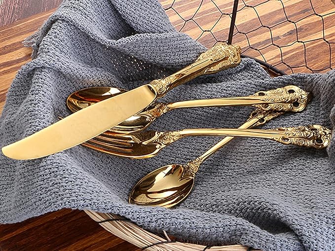 Gold Silverware Set 18/10 Stainless Steel Flatware Sets Palace Style 24 Piece Delicate Cutlery Set for 6 Durable Home Kitchen Wedding Tableware Utensil Include Knifes Teaspoons Forks and Spoons