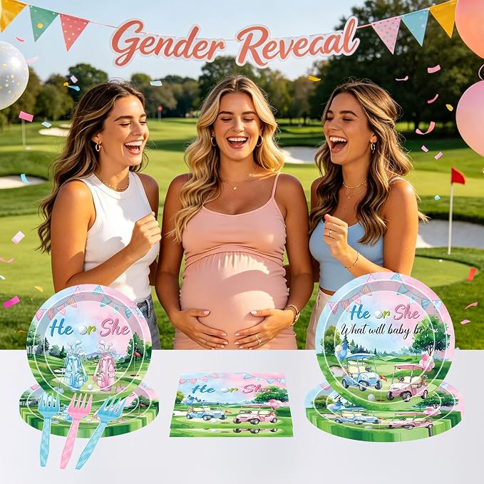 96 Pcs Golf Gender Reveal Decorations, He or She Tableware Set | Golf Cart Theme - Image 7