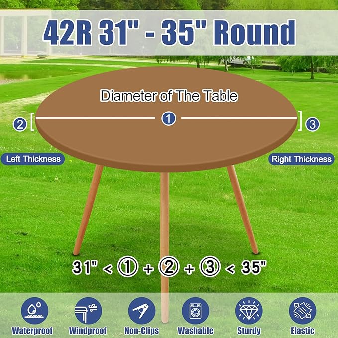 Round Spandex Tablecloth, Elastic Fitted Waterproof Tablecloths for 31"-35" Tables, Stretch Washable Picnic Table Cover for Camping, Dining, Indoor and Outdoor,Brown