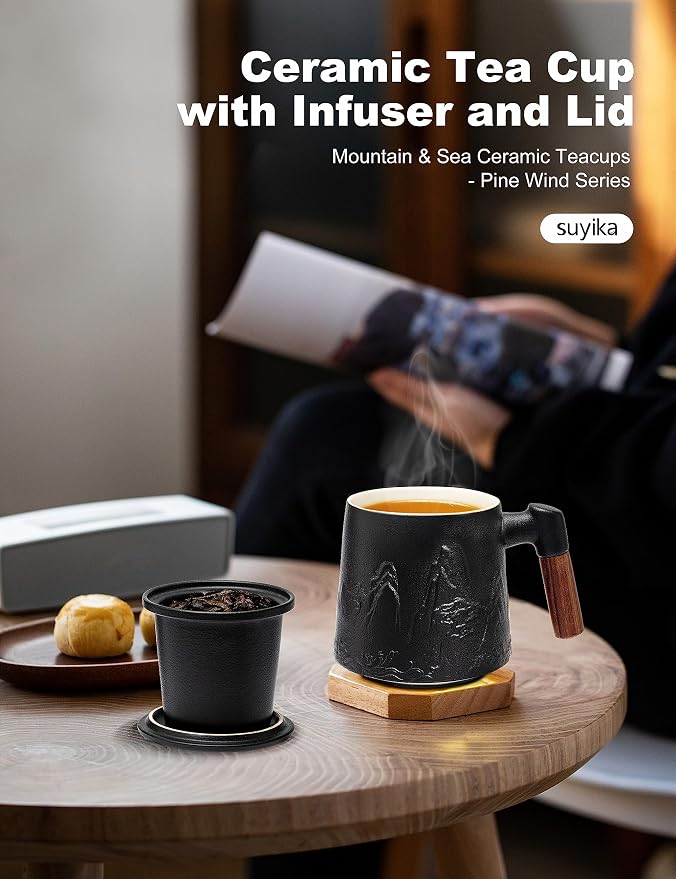 suyika Ceramic Tea Cup with Infuser and Lid, Gradient Embossed Large Tea Mug - Image 5