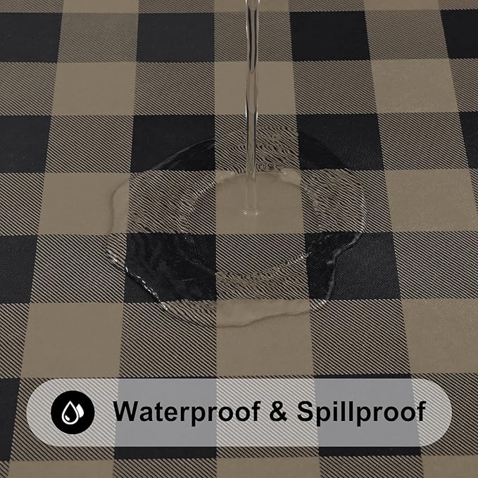 Smiry Rectangle Picnic Table Cloth, Elastic Waterproof Fitted Vinyl Tablecloths, Flannel Backed Buffalo Plaid Table Covers for Dining, Camping, Outdoor (Black and Khaki, 30" x 48")