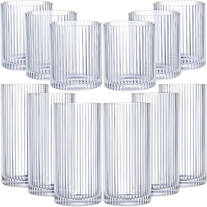 Zhehao 12 Pcs Ribbed Drinking Glasses Set 12 oz 14 oz Glass Cups Vintage by Zhehao