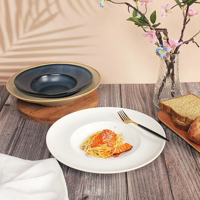 Pasta Plates with Rim 17.1 oz, Soup Bowl Pasta Bowl Set of 4, White Shallow Bowl Plate, Ceramic Wide Rimmed Soup Bowl, Best choice for high-end restaurants, hotels, and foodies, 11.3 Inch