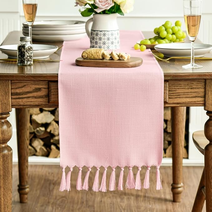 Artoid Mode Blush Pink Tassel Table Runner, Linen Blend Rustic Farmhouse Style - Image 2