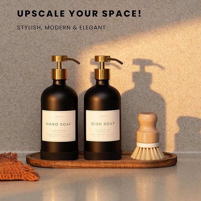 Hand and Dish Soap Dispenser for Kitchen and Bathroom, Set of 2 16 Oz Glass Bottles, Stainless Steel Pumps, Non-Slip Silicone Base, 27 Waterproof Labels (Matte Black Bottle/Brushed Gold Pump)