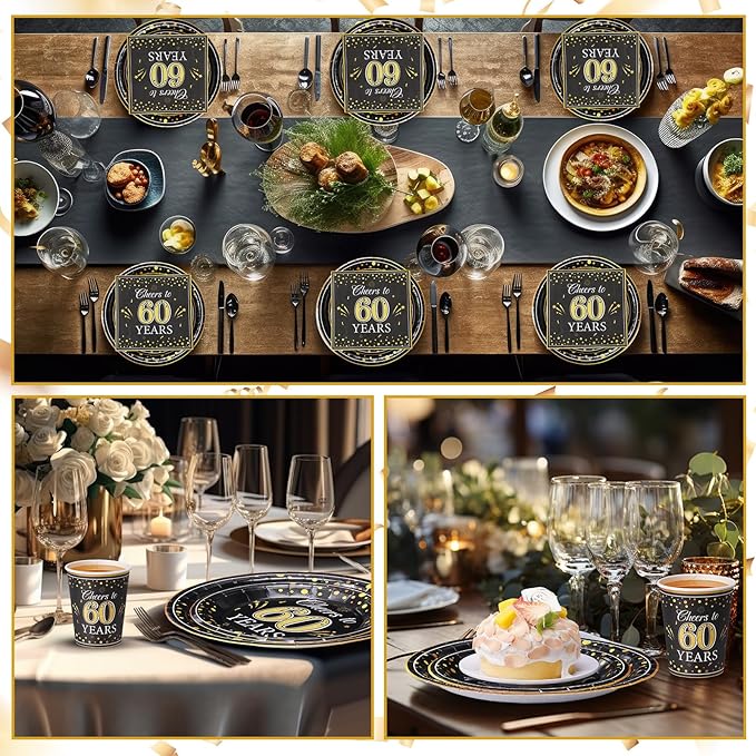 Pickmesh 250 Pcs 60th Birthday Disposable Tableware Set Black and Gold Cheers to 60 Years Disposable Paper Plates Napkins and Cups for 60th Birthday Wedding Anniversary Party Supplies Decorations