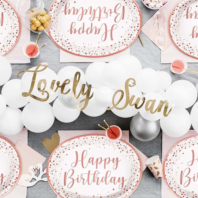 Grencian 50Pcs Pink Rose Gold Birthday Plates 10" x 12.5" Oval Paper Plates Disposable 400GSM Oval Paper Tableware Pink Dots Dinnerware for Girls Women Rose Gold Birthday Party Decorations