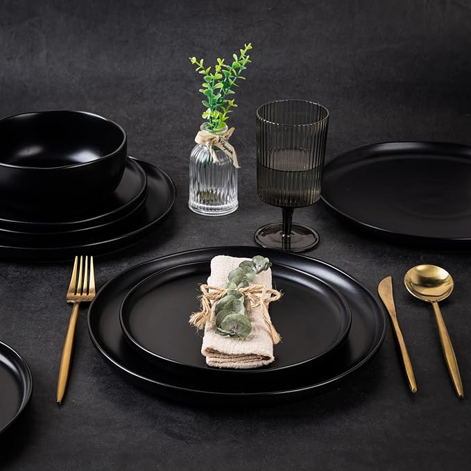 AmorArc Ceramic Dinnerware Sets, Wavy Rim Stoneware Plates and Bowls Sets,Dishwasher & Microwave & Oven Safe Dishes set, Service for 4 (12pc)-Matte Black