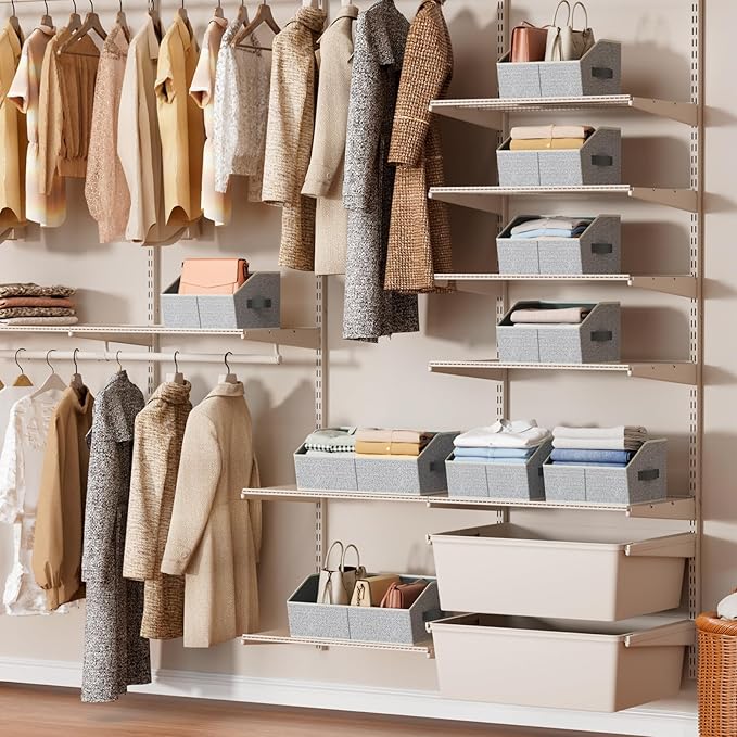 Storage Bins for Shelves - Small Trapezoid Closet Shelf Organizer, Fabric Organization Bins with Handles, Storage Baskets for Clothes, Towel, Purse, 6 Pack, Light Gray