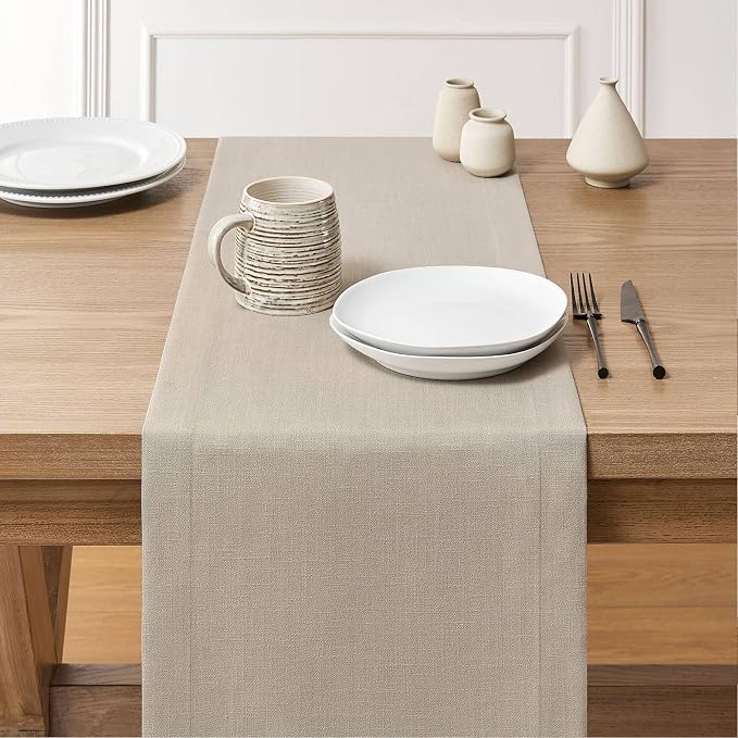 Linen Textured Border Table Runner, 14 x 48 Inch Natural | Mitered Corner Design - Image 3