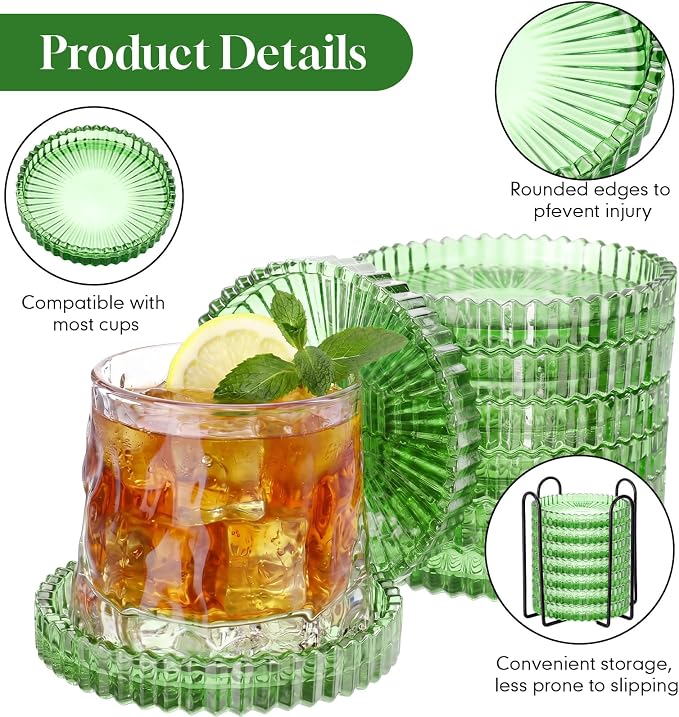 8 Pcs Glass Coasters with Holder Clear Drink Coasters Crystal Round Beverage - Image 3