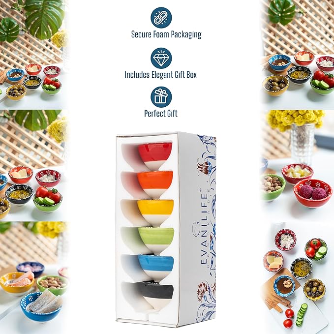 Ceramic Small Dipping Bowls Set of 6, 3.5 Oz Soy Sauce Dish, Handmade Charcuterie, Colorful Pinch, Dishwasher & Microwave Safe, 3.2'' Mini (FLOWER BLOOM)