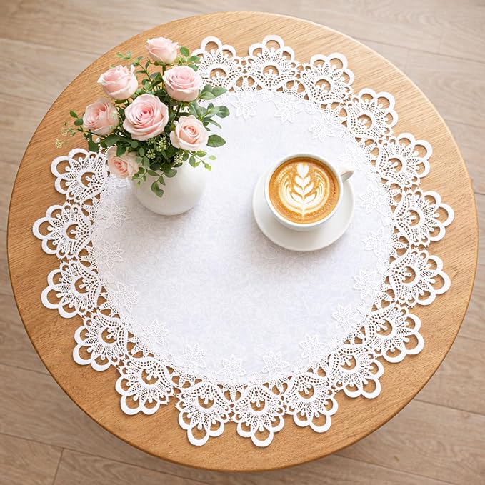 White Round Lace Doily Table Runner, 20.5" Elegant Jacquard Crochet Lace Doily by Unknown