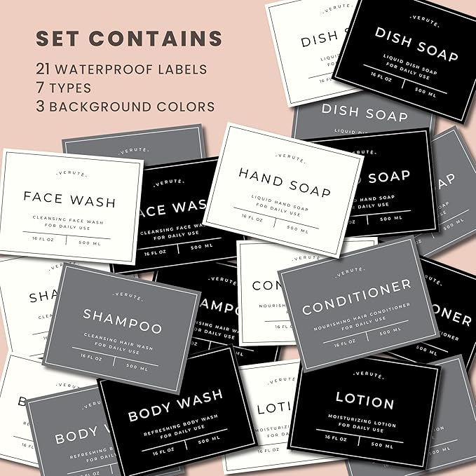 Hand and Dish Soap Dispenser for Kitchen and Bathroom, Set of 2 16 Oz Glass Bottles, Stainless Steel Pumps, Non-Slip Silicone Base, 27 Waterproof Labels (Matte Black Bottle/Black Pump)